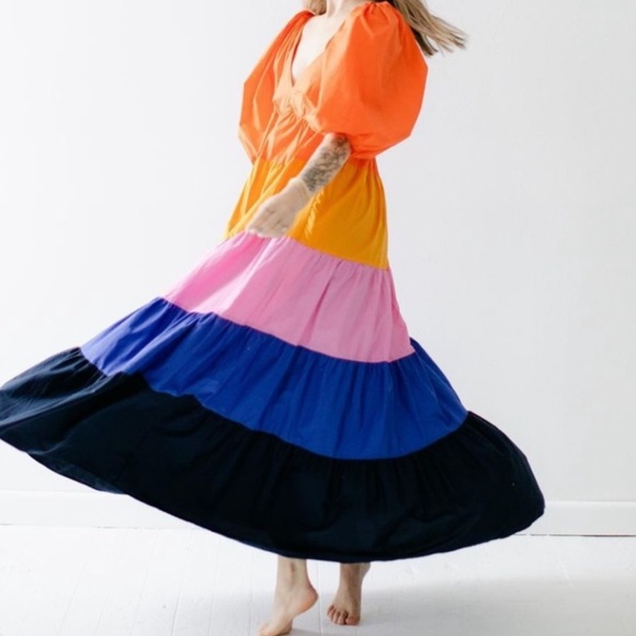 FARM RIO Tiered Colorblocked 3/4 sleeve Maxi Dress XS - Picture 3 of 17